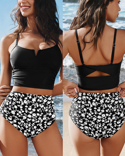 sheways®Black V-Wire Tankini Top & Floral High-Rise Bottoms Set
