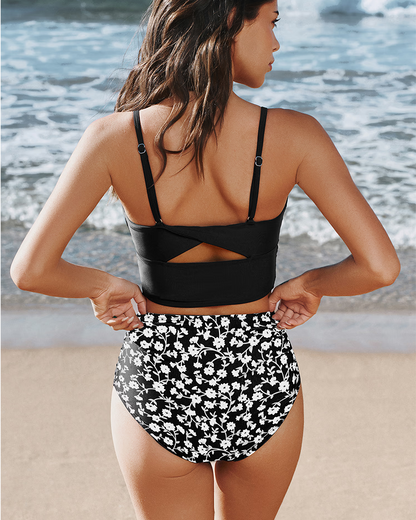 sheways®Black V-Wire Tankini Top & Floral High-Rise Bottoms Set